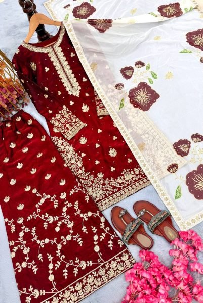 Exclusive Red Embroidered Top and Plazo Suit with Digital Print Dupatta for Designer Look Embroidery Kurtis 