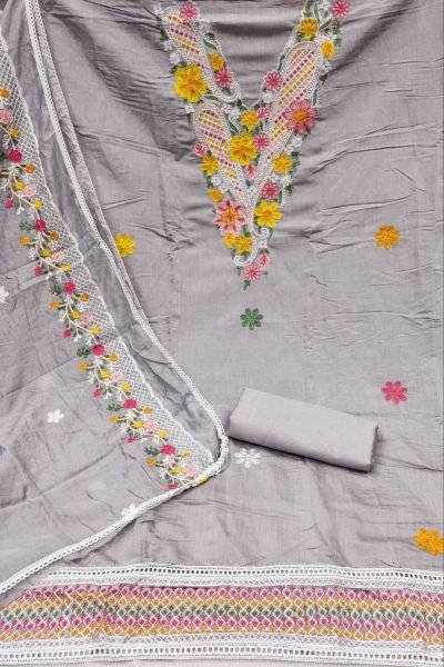Exclusive Roman Silk Dress Material With Beautiful Work For Women Color Set Matching Dress Material Wholesale