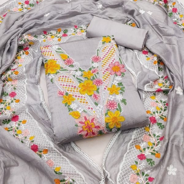 Exclusive Roman Silk Dress Material With Beautiful Work For Women Color Set Matching Dress Material Wholesale