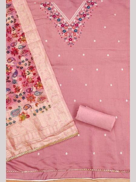 Exclusive Pink Color Roman Silk Dress Material Collection   Color Set Matching Dress Material Wholesale