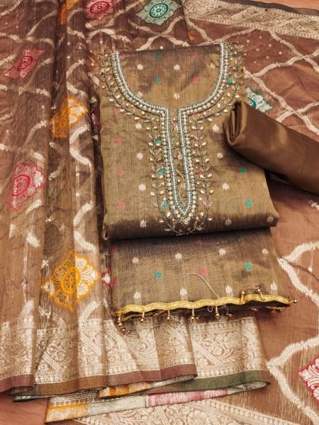 Exclusive Green Color Tabby Organza Dress Material Collection   Color Set Matching Dress Material Wholesale