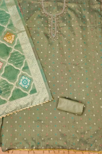 Exclusive Green Color Tabby Organza Dress Material Collection   Color Set Matching Dress Material Wholesale