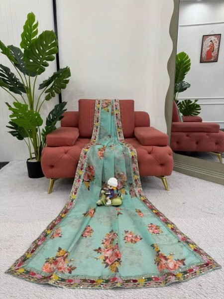 Exclusive  Tabby Silk Digital Printed Saree with thread and sequence Work Silk Sarees Wholesale