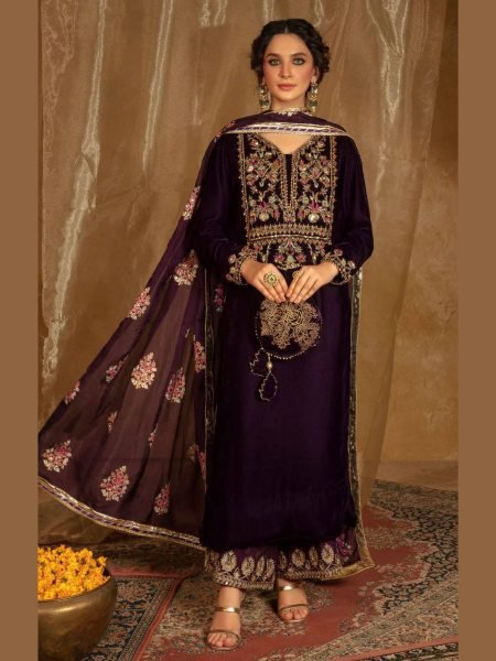 Exclusive Velvet Sequin and Zari Embroidered Kurti Palazzo Set with Lace Dupatta for Retailers at Wholesale Rate 