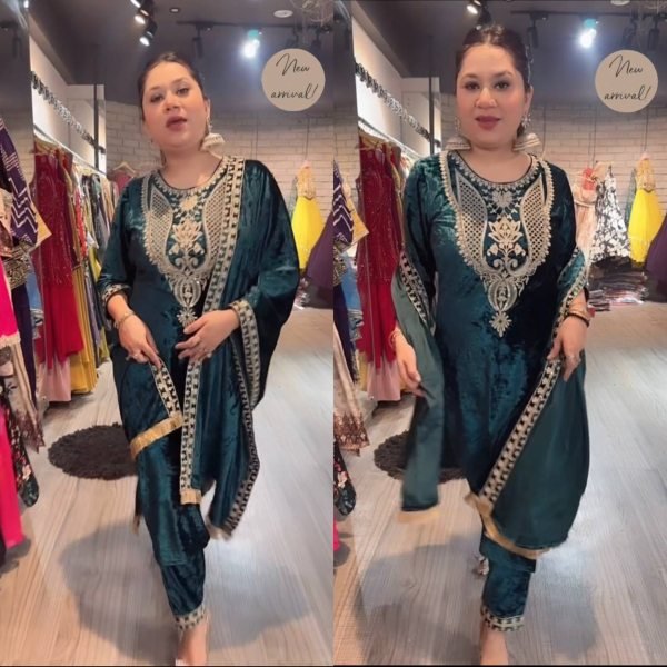 Exclusive Viscose  Velvet Suit With Embroidery Work With Pant And Dupatta  Ready To Wear Collection