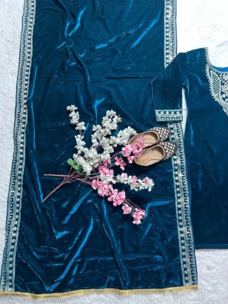 Exclusive Viscose  Velvet Suit With Embroidery Work With Pant And Dupatta  Ready To Wear Collection