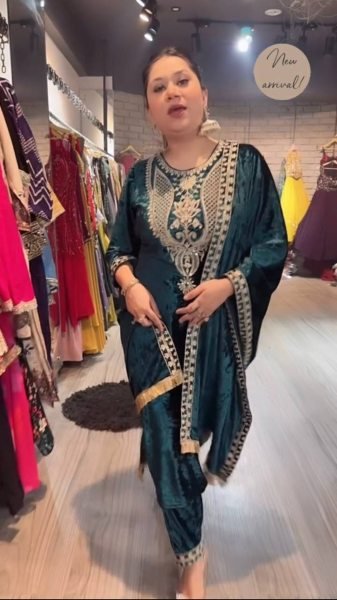 Exclusive Viscose  Velvet Suit With Embroidery Work With Pant And Dupatta  Ready To Wear Collection