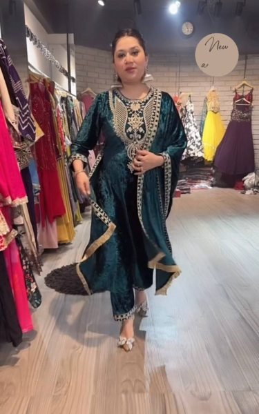 Exclusive Viscose  Velvet Suit With Embroidery Work With Pant And Dupatta  Ready To Wear Collection