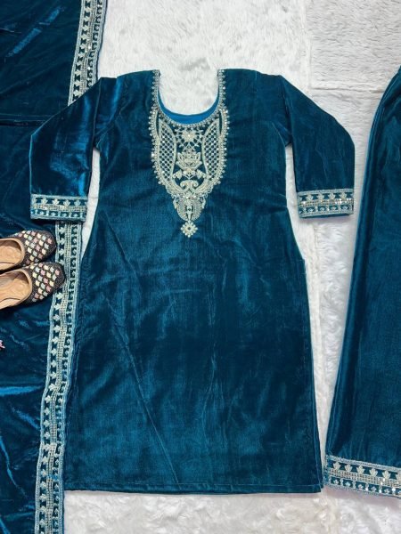 Exclusive Viscose  Velvet Suit With Embroidery Work With Pant And Dupatta  Ready To Wear Collection