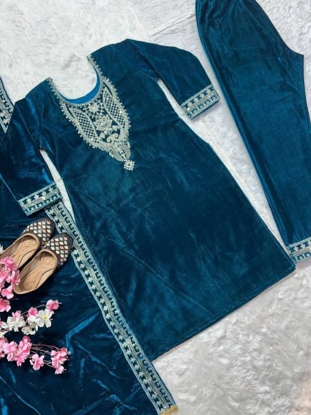 Exclusive Viscose  Velvet Suit With Embroidery Work With Pant And Dupatta  Ready To Wear Collection