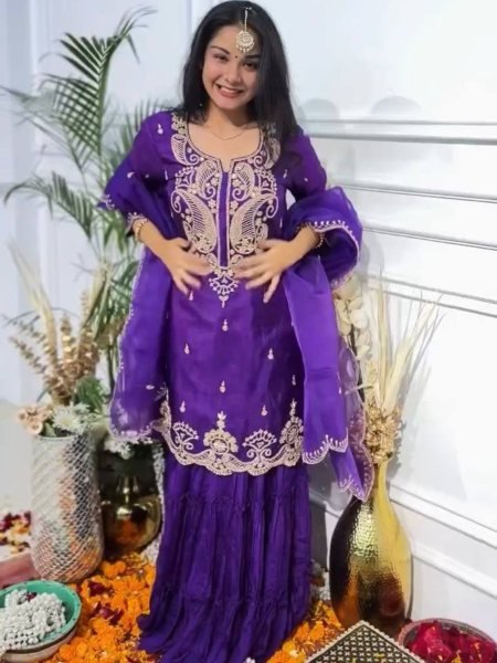 Exclusive Wedding Collection Heavy Chinon Silk Party Wear Top   Sharara Set with Embroidery   Fancy Dupatta 
