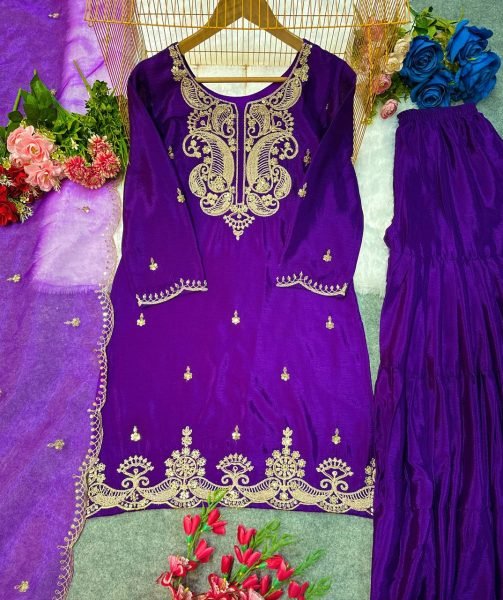 Exclusive Wedding Collection Heavy Chinon Silk Party Wear Top   Sharara Set with Embroidery   Fancy Dupatta Ready To Wear Collection