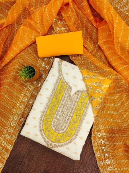 Exclusive Yellow Color Chanderi Dress Material Suit  For Women