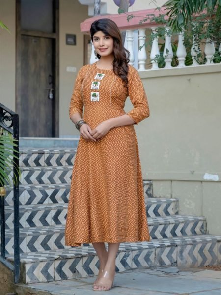 Explore the latest Fully Stitched Rayon Anarkali Gown in M to 3XL sizes  Printed Kurtis