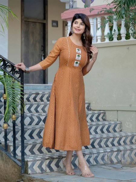 Explore the latest Fully Stitched Rayon Anarkali Gown in M to 3XL sizes  Printed Kurtis