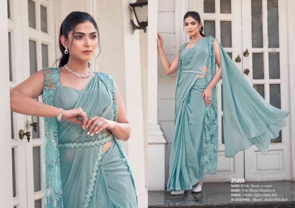 Exquisite Bead Embellished Party Wear Satin Silk Ombre Saree with Designer Jacket At Lowest Price Designer Wedding Sarees Wholesale