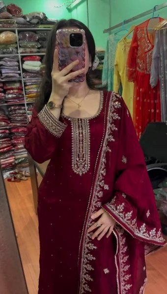 Exquisite Chinnon Silk Suit Set with Embroidery and Sequins Work Fully Stitched Designer Outfit for Special Occasions Ready To Wear Collection