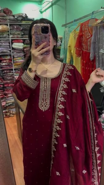 Exquisite Chinnon Silk Suit Set with Embroidery and Sequins Work Fully Stitched Designer Outfit for Special Occasions Ready To Wear Collection