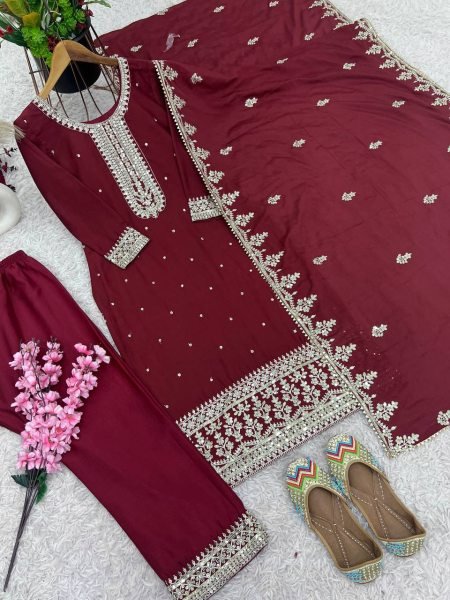 Exquisite Chinnon Silk Suit Set with Embroidery and Sequins Work Fully Stitched Designer Outfit for Special Occasions Ready To Wear Collection