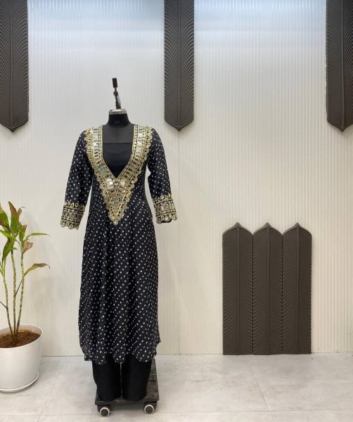 Exquisite Digital Printed Chinon Kurti Set with Real Mirror Work and Embroidery Designer 3 Piece Set Best Quality Wholesale Supplier 3 Piece Kurti Set