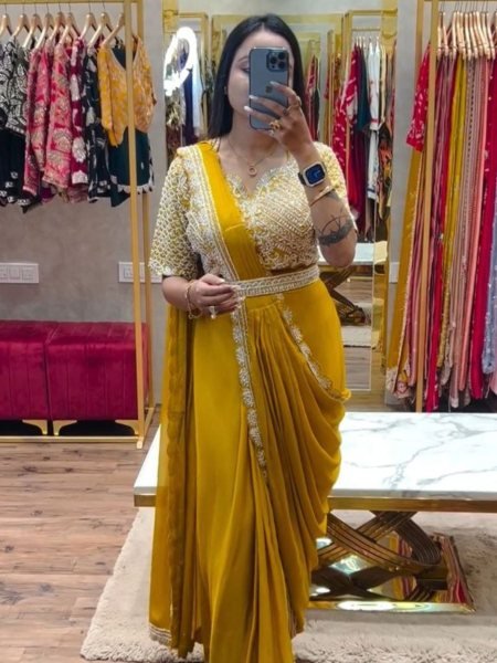 Exquisite Embroidery Cording Work Ready-to-Wear Saree  