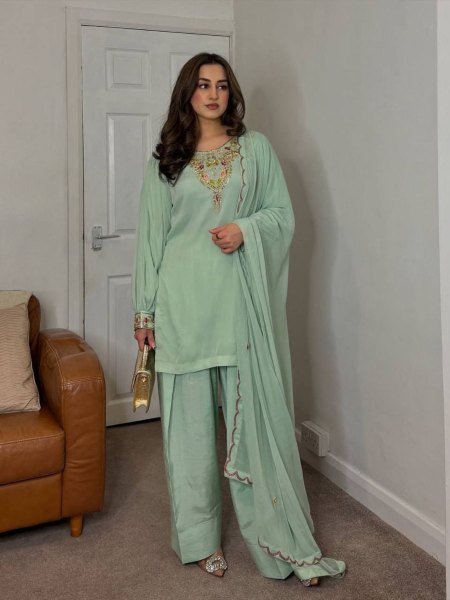 Exquisite Mint Green Georgette Top and Sharara with Fancy Sleeve for exporters at Manufacturer Rate