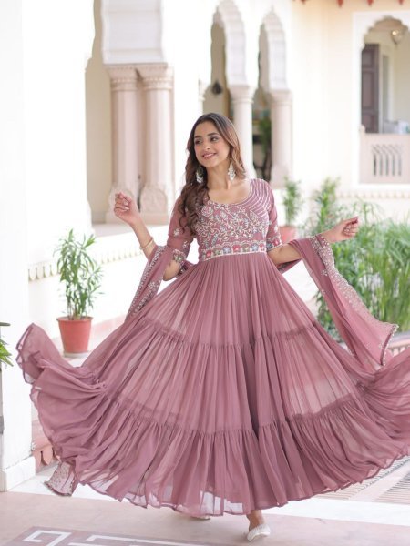 Exquisite Onion Purple Faux Blooming Sequins   Beads Embroidered Gown with Lace Dupatta for Wedding Wear  Kurtis