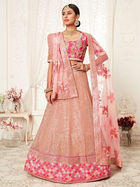 Exquisite Pink Semi Stitched Lehenga Set with Slub Silk Blouse Embroidered Dupatta Affordable Wedding Collection 