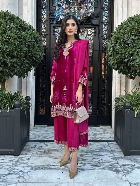 Exquisite Velvet Sequins   Zari Embroidered Kurti Plazzo Set with Heavy Embroidered Dupatta for Function Wear 