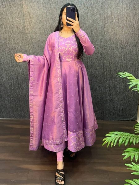 Eye Catching Lavender Two Tone Banarasi Gown with Sequence Work Dupatta for Boutiques Buyers 
