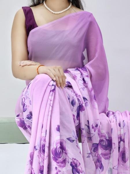 Eye-catching Purple Floral Printed Saree with Silk Banglory Blouse Online 