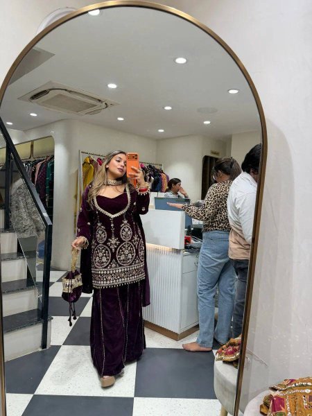 Eye Catching Purple Velvet Top with Plazzo and Real Mirror Dupatta for Winter Party Wear Ready To Wear Collection