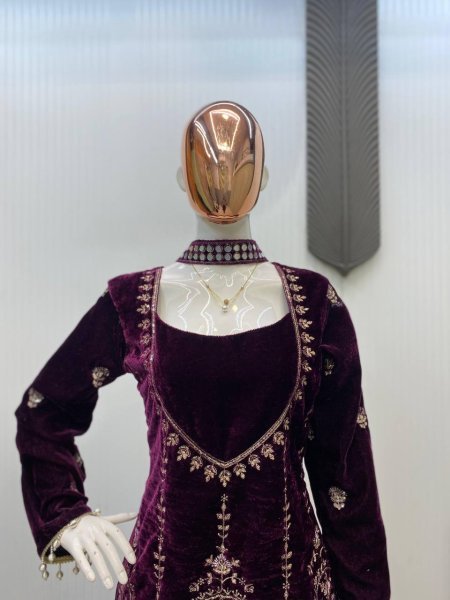 Eye Catching Purple Velvet Top with Plazzo and Real Mirror Dupatta for Winter Party Wear Ready To Wear Collection
