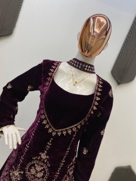 Eye Catching Purple Velvet Top with Plazzo and Real Mirror Dupatta for Winter Party Wear Ready To Wear Collection