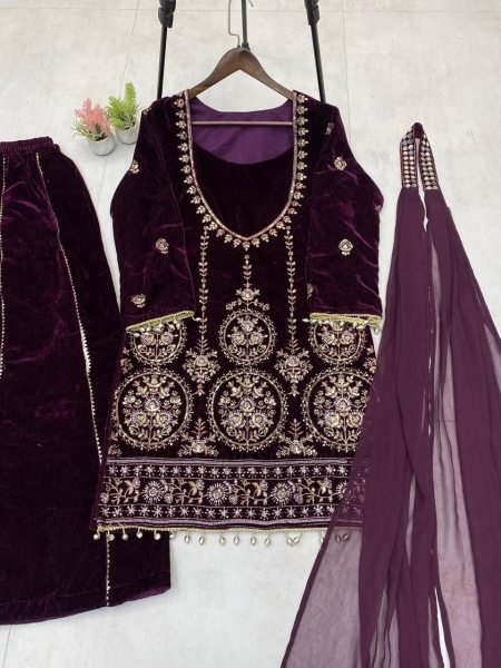 Eye Catching Purple Velvet Top with Plazzo and Real Mirror Dupatta for Winter Party Wear Ready To Wear Collection