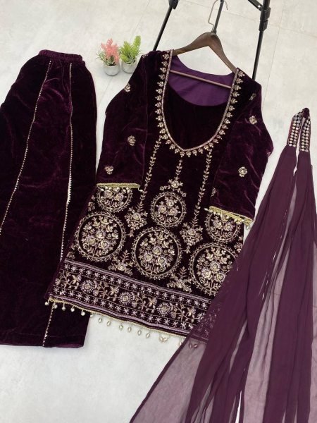 Eye Catching Purple Velvet Top with Plazzo and Real Mirror Dupatta for Winter Party Wear Ready To Wear Collection