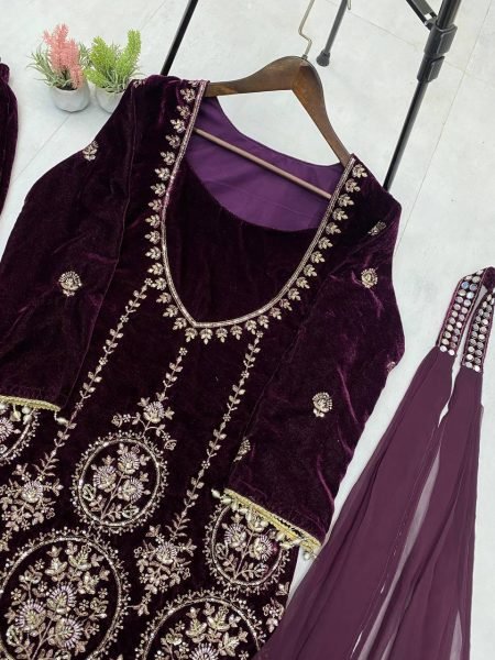Eye Catching Purple Velvet Top with Plazzo and Real Mirror Dupatta for Winter Party Wear Ready To Wear Collection