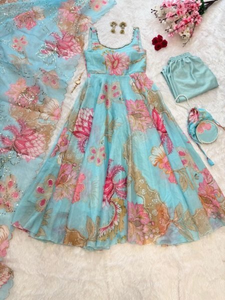 Eye Soothing Sky Blue Gmy Organza Silk Digital Printed Anarkali Suit with Mirror Neck Work 