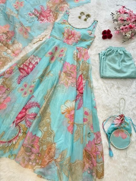 Eye Soothing Sky Blue Gmy Organza Silk Digital Printed Anarkali Suit with Mirror Neck Work Anarkali Kurtis 