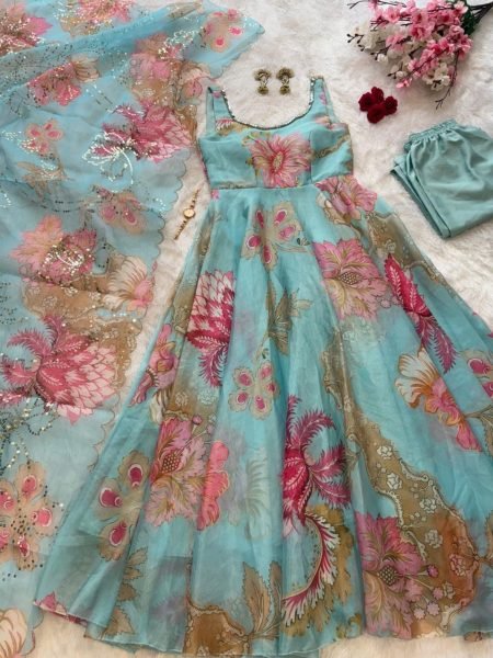 Eye Soothing Sky Blue Gmy Organza Silk Digital Printed Anarkali Suit with Mirror Neck Work Anarkali Kurtis 