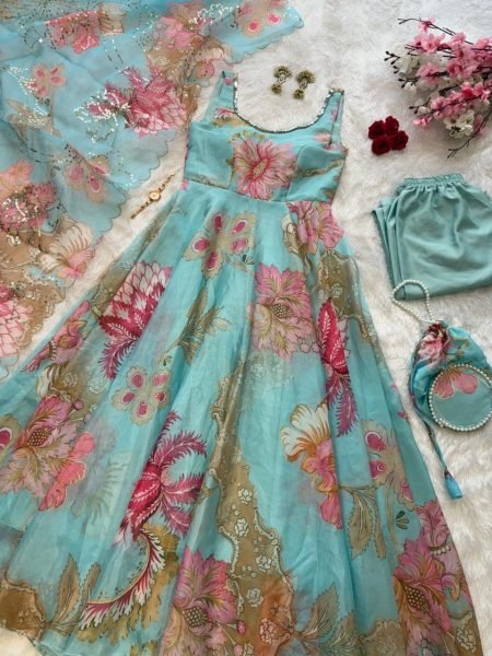 Eye Soothing Sky Blue Gmy Organza Silk Digital Printed Anarkali Suit with Mirror Neck Work Anarkali Kurtis 