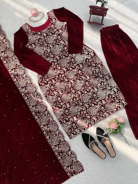 Eye-soothing Viscose Velvet Chinestitch Embroidered Top and Pant with Dupatta for Party Wear at Wholesale Rate  3 Piece Kurti Set