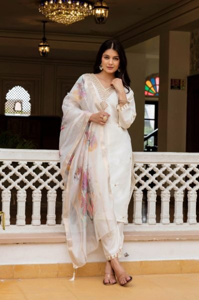 Fabulous White Fully Stitched Chanderi Suit Set with Organza Dupatta for Boutique Collection  Straight Cut Long Kurtis