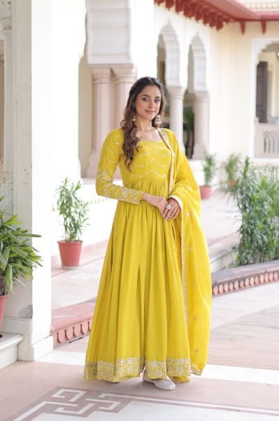 Fabulous Yellow Vichitra Silk Gown with Heavy Sequins Work   Square Neck Design at Manufacturer Rate Anarkali Kurtis 
