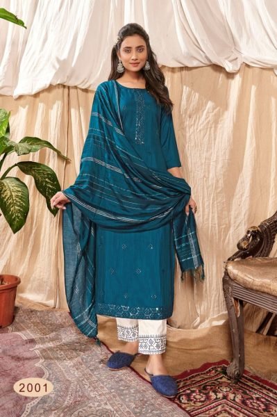 Fancy Cotton Weaving  Stripe With Embroidery    Stylist Pattern Kurti Set  3 Piece Kurti Set