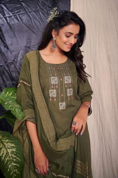 Fancy Cotton Weaving  Stripe With Embroidery    Stylist Pattern Kurti Set  3 Piece Kurti Set