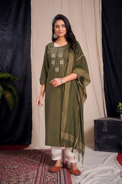 Fancy Cotton Weaving  Stripe With Embroidery    Stylist Pattern Kurti Set  3 Piece Kurti Set