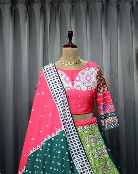 Fancy Digital Printed Silk Lehenga Choli With Real Mirror Work   Navratri Lehnega Choli