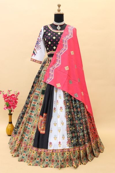 Fancy Printed Mirror Work Butter Silk Lehenga Choli Navratri Lehnega Choli