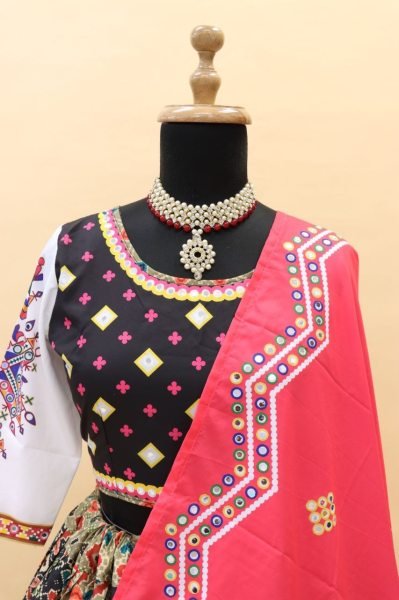 Fancy Printed Mirror Work Butter Silk Lehenga Choli Navratri Lehnega Choli
